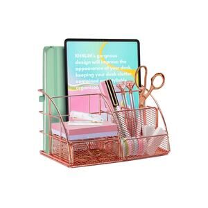 Rose Gold Desk Supplies Organizer, Mesh Desk Organizer with 6 Compartments